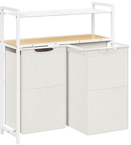 HOOBRO Wäschesammler mit Ablage, Wäschekorb 2 Fächer 99 L, Wäschebox mit Metallregal und Fronttaschen, Wäschekorb Regal mit verstellbaren Füßen, für Badezimmer, Waschküche, Weiß und Natur EWN73XY01
