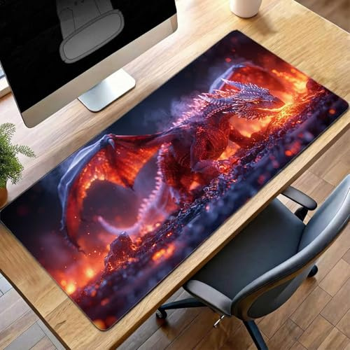 Mouse Mat, Gaming Mouse Pad Red, 1400x600x3mm Large Mause Mat Dragon Desk Pad, Non-Slip Rubber Base Desk Accessories, Waterproof, Stitched Edges Mausepad, Improved Precision and Speed PjY302 5-H