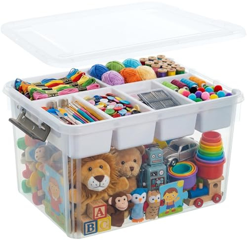 30L Aufbewahrungsboxen für Klemmbausteinen mit Deckel, Multifunktionale Kisten mit Abnehmbarem Tablett, Stabile Plastikbox, Bastelaufbewahrungs box für Organisation von Werkzeug, Handwerk, Wollgarn