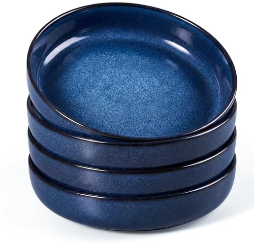 HaWare Pasta Bowls Set of 4, 35oz Stoneware Salad Plate Bowls for Kitchen, Reactive Glaze Ceramic Plate Bowls for Serving Soup, Chip and Scratch Resistant, Dishwasher & Microwave Safe, Nebulas Blue