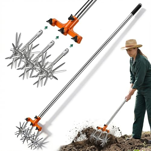 Coltivatore Rotante, Coltivatore da Giardino in Acciaio Inossidabile con Manico Estensibile lungo 173 cm Coltivatores a Stella da Giardino con Denti Rimovibili per la Miscelazione del Terreno