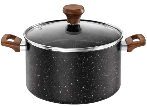 24cm Induction Base Nonstick Stock Pot with Glass Lid - 5.2QT/5L Pasta Soup Stew Pot, Casserole Cooking Pan Gas Electric All Hobs Compatible Black Marble Effect