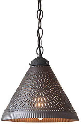 Irvins Country Tinware Wellington Shade Light Pendant in Kettle Black Punched Tin