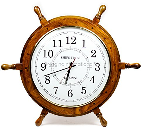 Nagina International Nautical Hand Crafted Wooden Ship Wheel with Quartz Times Wall Clock - Pirate Nursery Home Decor (18 Inches, White Dial Face)