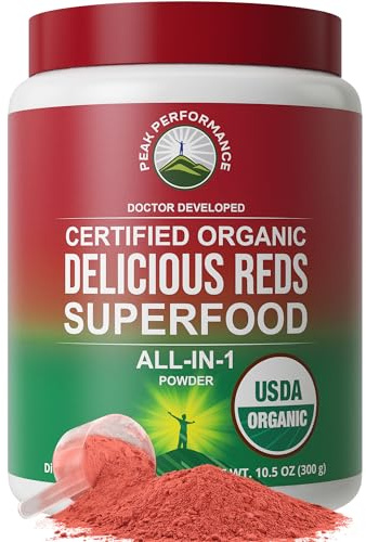 Peak Performance Organic Reds Superfood Powder, Best Tasting Organic Red Juice Super Food w/ 25+ All Natural Ingredients & Polyphenols, Vital for Max Energy and Detox. Raspberry, Elderberry, Beetroot