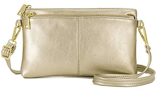 ZOOEASS Triple Zip Small Crossbody Bag Lightweight Purses Vegan Leather Wristlet Clutch, Includes Adjustable Shoulder (Gold)