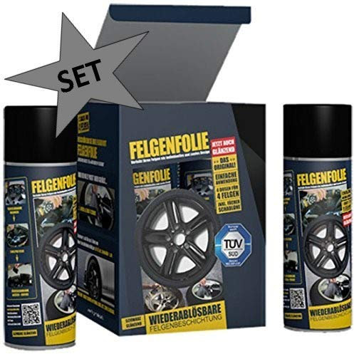 mibenco 71001203 FELGENFOLIE Set, 4 x 400 ml, Schwarz Glänzend - Original 4er Set - Flüssiggummi/Sprühfolie - Farbe und Schutz zum Felgen lackieren + Vorreiniger 250ml