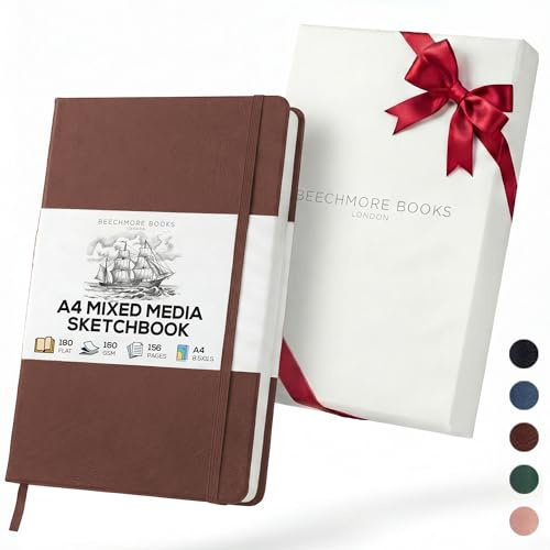 BEECHMORE BOOKS Carnet de croquis A4 (21 x 29,7 cm) – 156 pages, 160 g/m² | Couverture rigide simili cuir, ouverture à plat, carnet vierge, coffret cadeau, pages détachables, carnet d’artiste