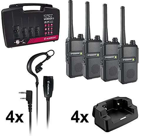 Albrecht Tectalk Worker 3 Koffer-Set, 4 Walkie-Talkies & Zubehör, PMR446-Funkgeräte mit VOX, robust für Baustelle, Security, Betrieb & Outdoor