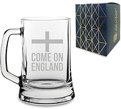 All Things Personalised Engraved Football Tankard, Come On England Flag Design with Gift Box, Euro Football Soccer Rugby Sport Championship