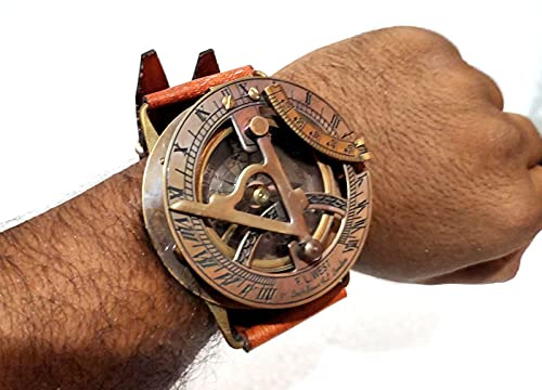 Vimal Nautical Montre bracelet marron antique en laiton et mousse avec cadran solaire, boussole, cadran solaire, 7,6 cm environ