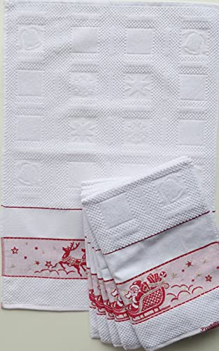 OM DOLCE CASA Strofinacci CANOVACCI ASCIUGHINI Cucina Natale Set da 3 Pezzi con Inserto in Tela Aida Disegno Babbo Natale E Slitta 100% Cotone Prodotto in Itali