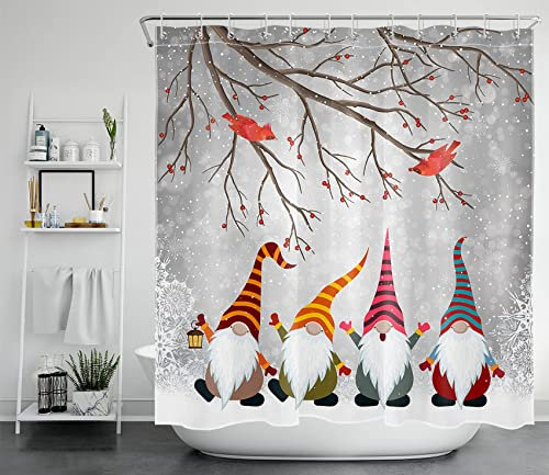 GOOESING Winter Christmas Shower Curtain Funny Gnome and Cardinals in Snowy Forest Bathroom Shower Curtain,Snow Scene Polyester Waterproof Polyester Fabric Bath Decor Accessories with Hooks