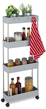 Relaxdays Nischenwagen, Kunststoff, HBT 98 x 15,5 x 40,5 cm, schmales Nischenregal Bad, Küche, 4 Haken & Fächer, grau