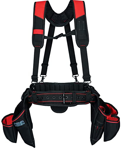 KUNN Ceinture porte-outils avec bretelles – Tablier professionnel (pochette amovible et ceinture) avec plusieurs poches et support pour marteau pour charpentier, chantier et électricien, rouge