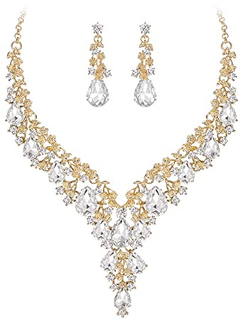 Clearine Juegos de Joyas de Mujer Boda Nupcial Joyería Conjunto Lágrima Strass Racimo Declaración Collar Pendientes Colgantes Bisutería,Color Claro Oro-Tono
