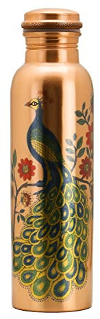 Zap Impex Travellers Wasserflasche aus reinem Kupfer Pfau bedruckt für ayurvedische Vorteile Wasserflasche gelenkfrei, 900 ml