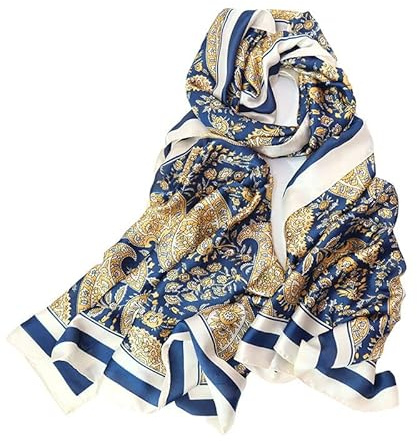 Silk Scarf Women Chiffon Brown Shawl Stain Neckerchief Long Head Wrap Lightweight Ladies Hijab Belt Vintage Bridal Shawl Chiffon Muslim Cloth floral Christmas Gifts Blue
