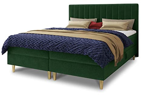 Sofnet Boxspringbett Gold mit 2 Bettkästen und Topper - Doppelbett, Bonell-Matratze, Polsterbett, Bett mit Matratzentopper, Schlafzimmer, Velours Stoff (Grün (Manila 35), 140 x 200 cm)