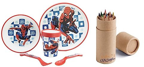 Spiderman - Ensemble de vaisselle bicolore de qualité supérieure - Passe au micro-ondes - Avec assiette, bol, tasse et couverts - En plastique réutilisable sans BPA (Spiderman)