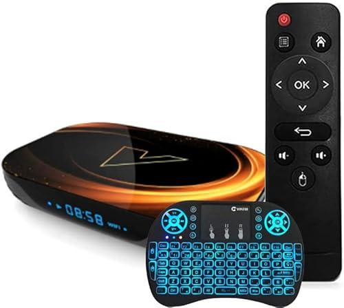 AMITVA Android 9.0 TV Box, VONTAR X3 Amlogic S905X3 Quad-Core Cortex-A53 BT4.0 2.4Ghz / 5.0Ghz WiFi Prise en Charge 8K /4K Ultra H.265 Smart Set- Top TV Box, avec Clavier sans Fil,4gb+32gb