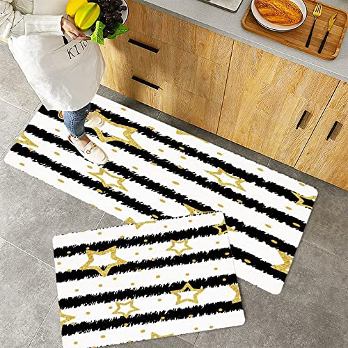 Küchenteppich Teppich Läufer Küchenläufer 2 Stück rutschfest,Stern, goldene Sterne und Punkte mit Digitaleffekt auf gestreiftem Muster-Feier-Thema, Sch, Waschbar für Flur Küche 40 x 100 cm+40 x 60 cm
