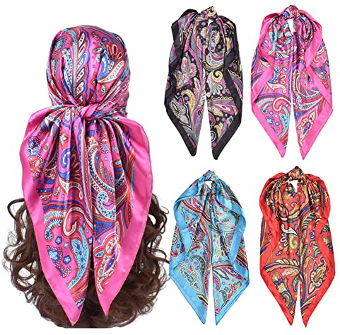 upeilxd 4Pcs Silk Head Scarves for Women Satin Hair Scarf 35”Large Square Bandana Silk Like Neck Scarf Shawl (Blue/Purple/Red/Black)