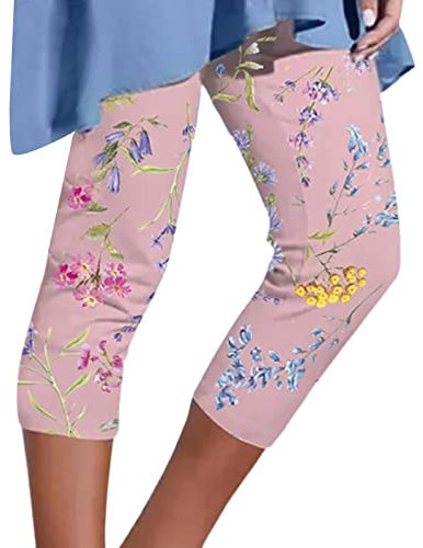 Leggings Damen 3/4 Leggins Mittel Taille Elastische Blickdicht Yogahose Sommer Streifen Drucken Blickdicht Sporthose Laufhose Capri Leggins Sporthose für Yoga Fitness(H Rosa,S)