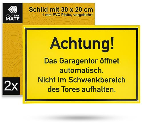 Warnschild Achtung! Garagentor öffnet. Nicht im Schwenkbereich aufhalten., 2 Stück, 30 x 20 cm, 1 mm starkes PVC Schild mit Bohrlöchern, Garagen Tor öffnet automatisch Hinweisschild, Warnhinweis