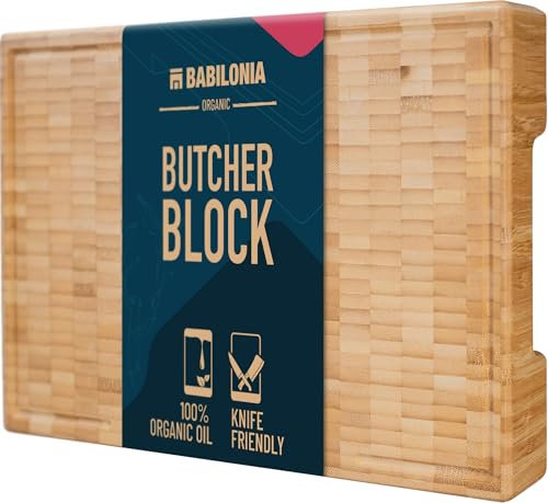 Bamboo Cutting Board, 15.7 x 10.2 Inch (ExtraThick 1.7) Hardwood Butcher Block, Charcuterie Board, Non Toxic End Grain Wood Chopping Board with Juice Groove & Handles (Oil & Plate Included)