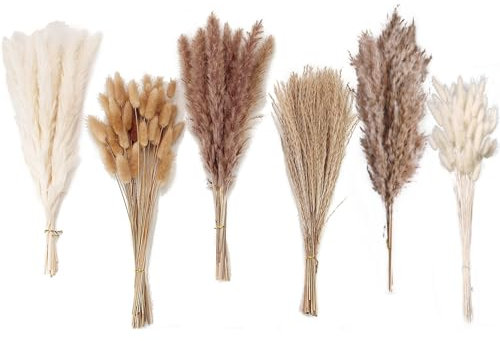 Decorazione in erba di pampas essiccata, 120 pezzi di erba di pampas con code di coniglio e fiori secchi, bouquet di erba di canna per matrimonio, fiori boho, decorazione della tavola domestica, 125