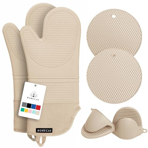 Rorecay Oven Mitts and Pot Holders Sets 6pcs, Extra Long Kitchen Silicone Oven Gloves High Heat Resistant 500 Degrees Non-Slip Potholders Hot Pads for Baking Cooking, Milkshake