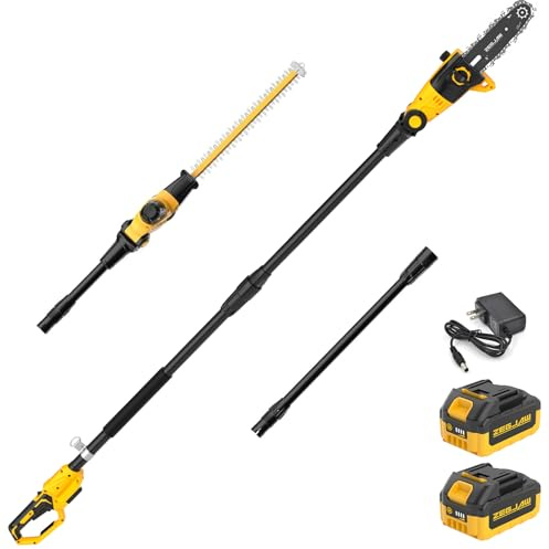 Pole Saw 8-Inch Cordless Tree Trimmer and 18-Inch Pole Hedge Trimmer 2-In-1, 15-Feet Max Reach, Auto Oiling, Telescoping Pole Chainsaw with 2.0Ah Battery & Charger