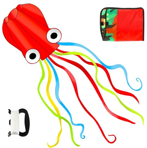 Darryy Cerf Volant Poulpe Grand 4m avec Corde de Cerf-Volant 100m pour Garçons, Filles, Adolescents, Adultes (Rouge)
