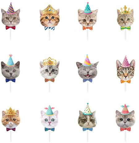12Pcs Birthday Cupcake Topper for Cat Party Decorations, Happy Birthday Cake Topper Decoration for Pet Birthday Party Decorations 2 inch