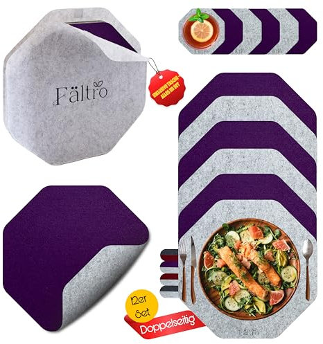 12er Premium Platzsets aus Filz - Achteckig Zweifarbig - Tischset mit Aufbewahrungstasche Helgrau - 4mm Filzuntersetzer Platzdeckchen-Untersetzer Teller-Glas Untersetzer-Set (Hellgrau/Lila)