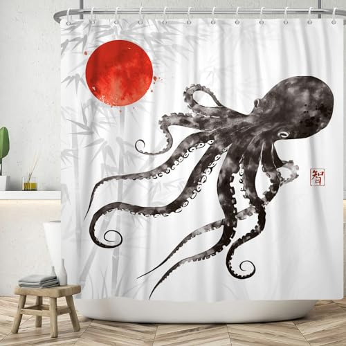 ASDCXZ Oktopus Duschvorhang 180x200 cm, Chinesische Tintenmalerei Schwarz Oktopus Rot Sonne Bambus Bad Waschbar Duschvorhänge Polyester Textil Wasserdicht Duschvorhang für Badewanne mit 12 Haken