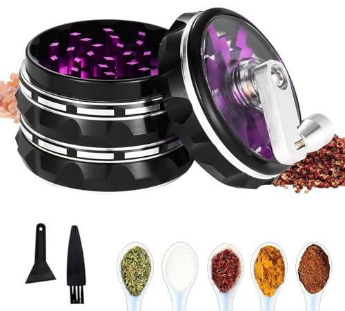 AWSGHLF Hand Cranked Clear Top Grinder, 2.5'' Large 4-Part Aluminum Alloy Spice Grinder with Foldable Handle, Scraper and Cleaning Brush, SSFF-FBA-4504965