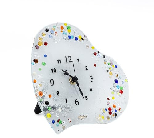 Sospiri Venezia Orologio da Tavolo Vetro Murano Meccanismo Silenzioso Decorato a Mano Soprammobile Casa -Idea Regalo Cerimonia Bomboniera con Scatola Elegante (14x14 cm Cuore)