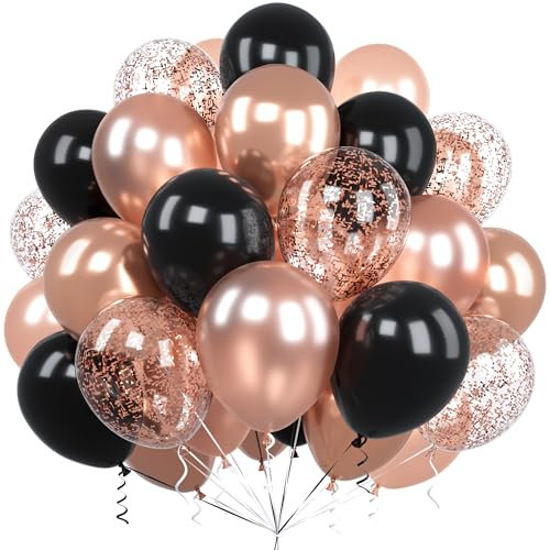Ousuga Palloncini Oro Rosa Neri, 60 Pezzi 12 Pollici Palloncini Nero Opaco Metallizzata Oro Rosa Coriandoli per Donne Compleanno Addio al Nubilato Matrimonio Anniversario Baby Shower Feste