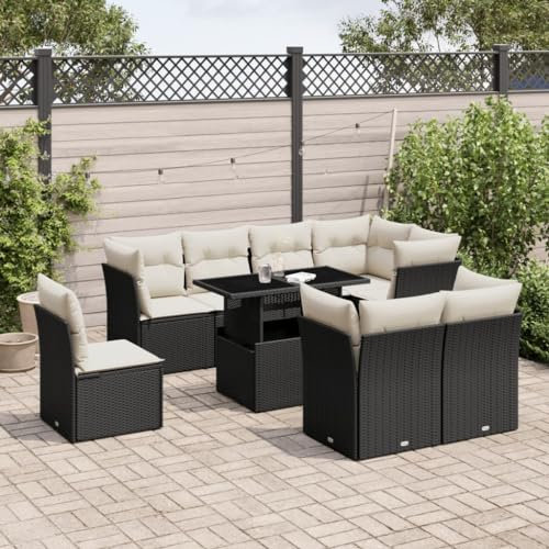 Rantry 9-TLG. Garten-Sofagarnitur mit Kissen Balkonmöbel Gartensofa Gartenmöbel Set Loungesofa Modular Terrassensofa Sitzgruppe mit Tisch Terrassenmöbel Schwarz und Cremeweiß Poly Rattan