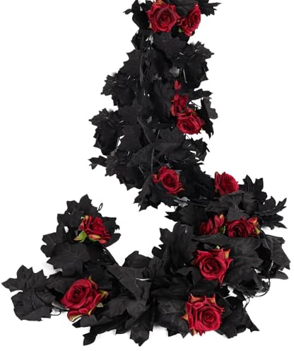 RECUTMS 2pcs Artificial Black Garland Rose Black Halloween Decorations