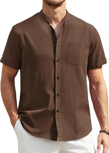 Enlision Hommes Chemises Manche Courte Chemise Lin Homme Solid Henley Shirts Été Col Mao Chemise de Plage Classique S-4XL