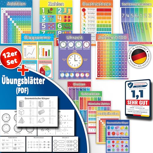 LOGIJO® 12 X pädagogische Montessori Mathe Lernposter, Set A4 mit Übungsblättern, Premium Poster Papier seidenmatt, Zahlen lernen 1x1 Einmaleins, Grundrechenarten, Lernhilfe für Kinder Vor-Grundschule