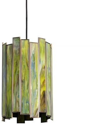 Wrlmfy Tiffany Pendant Lighting, 7 Brass Cylindrical Hanging Lamp with Stained Glass for Foyer, Entryway, Bedroom, Dining Room, Stairwell (Green)