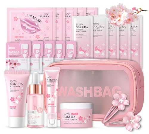 Sakura Beauty Geschenksets, Skincare Set, Geschenk Teenager Mädchen, 22-tlg | Sakura Geschenk mit Kosmetiktasche, Serum, Gesichtscreme, Reiniger, Lippenmaske, Haarnadel, Gesichtspflege Set Damen