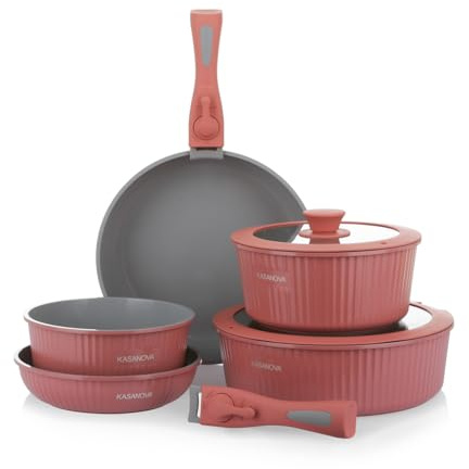 KASANOVA Batería de cocina 9 piezas Eaziclip, Juego de ollas para inducción con revestimiento cerámico y mangos desmontables aptos para horno, Batería antiadherente con tapas (Rosa)