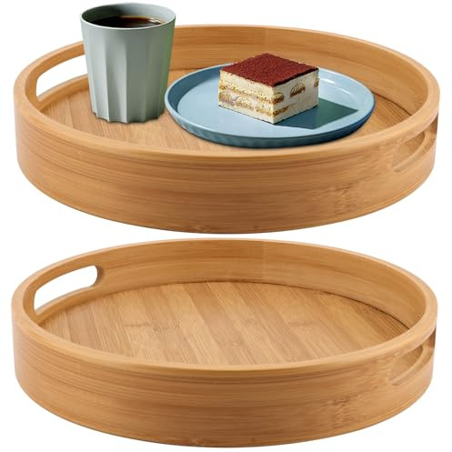 FAAING 2 stycken 30 cm bambubricka rund, stor serveringsbricka i trä med handtag, träbricka rund köksbricka bambu serveringsfat för frukost, te, soffbord, kök