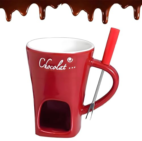 Schokofondue - Temperiergerät für Schokolade Kuvertüre, Schokofondue Tasse mit Gabeln Schokofondue-Tasse, Schokoladenfondue Schoko Fondue Tasse, Schoko Fondue Teelichthalter (Red)