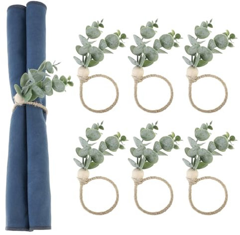 Qaestuan Set di 6 Anelli per Tovaglioli in Eucalipto, Con Perline di Legno di Eucalipto a Foglia Verde, Anelli per Tovaglioli Stile Bohémien, Anelli per Tovaglioli Riutilizzabili, per Matrimoni Feste